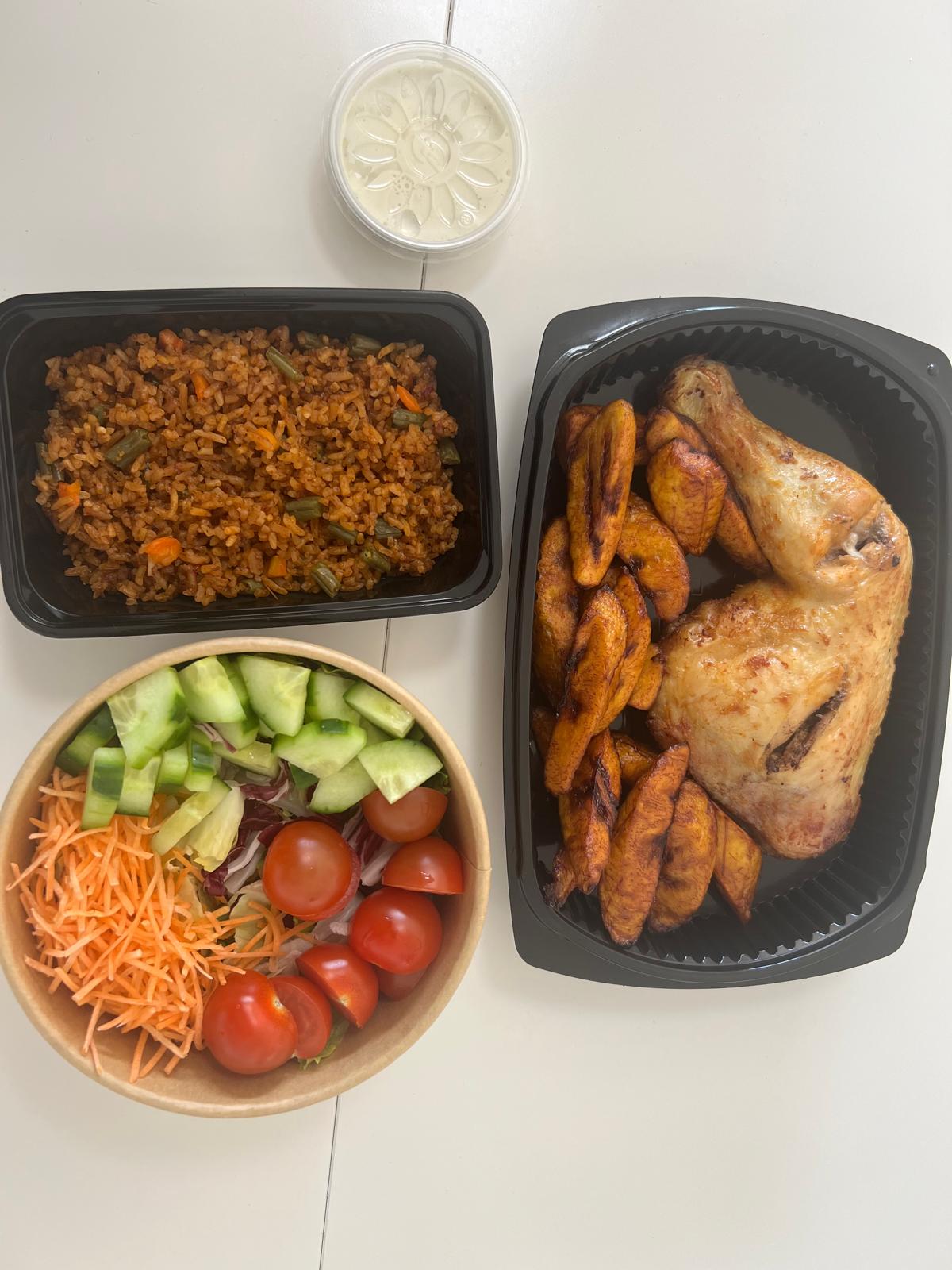 Jollof rice with plantain and grilled chicken - AfroSwiss signature dish